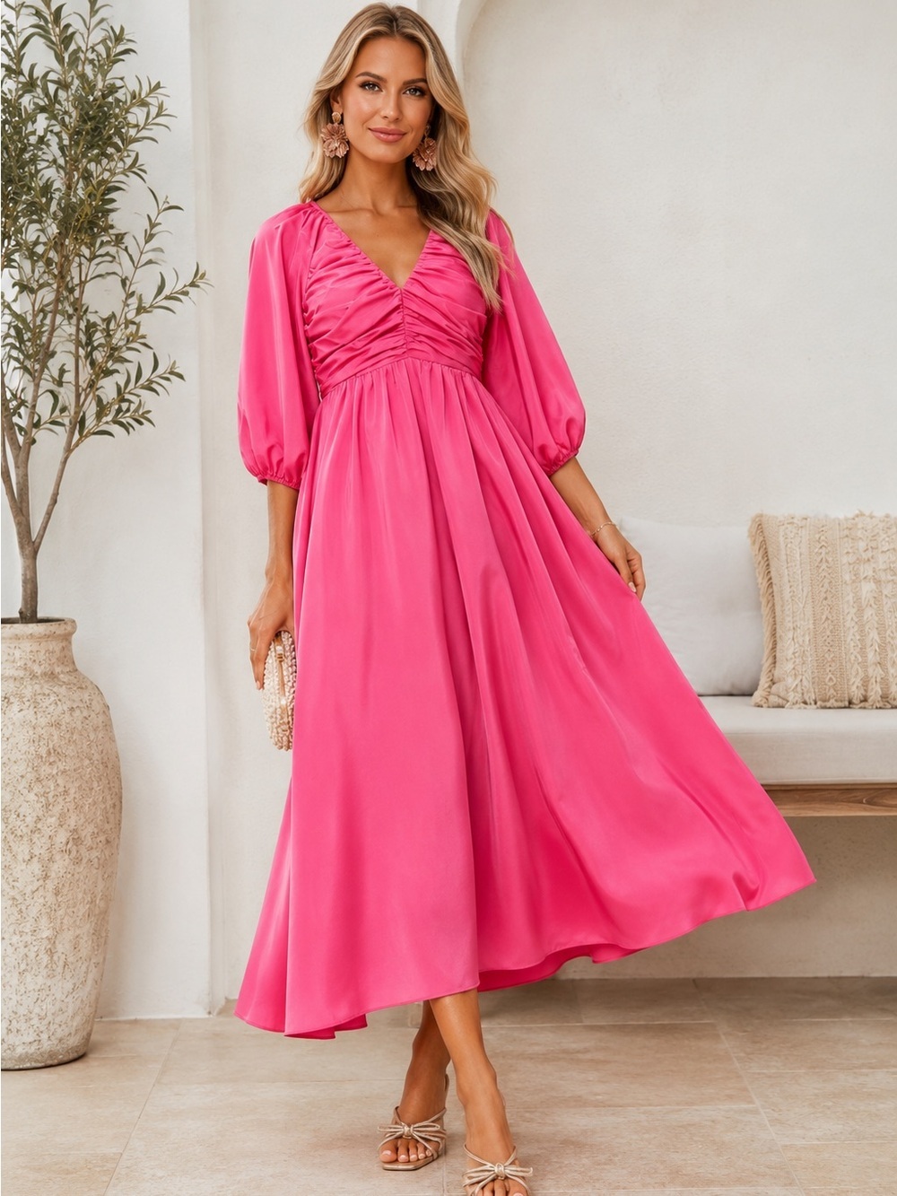 Hyacinth House Gia Maxi Dress Women’s Medium Puff Sleeve Fuchsia Tuckernuck B3